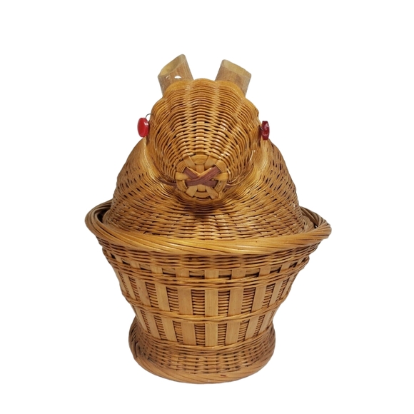 VTG Wicker Bamboo Bunny Rabbit Lidded Basket 10" Red Beady Eyes Easter Decor - Picture 2 of 8